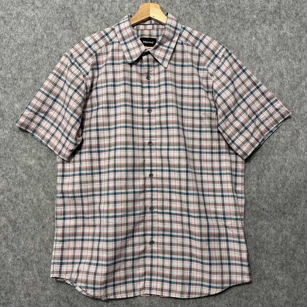 Marmot Button Up Shirt Mens Large Gray Plaid Short Sleeve Hiking Outdoor Tech